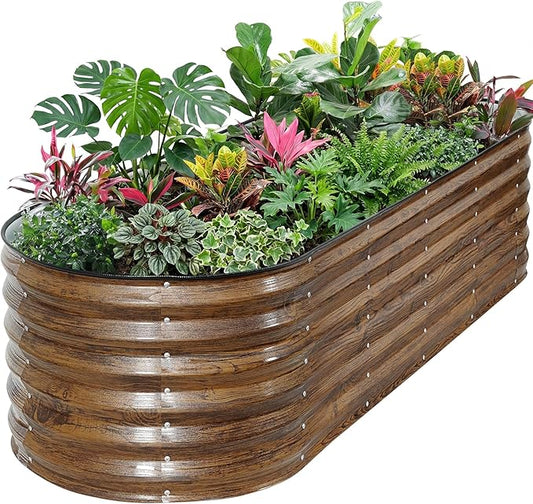 ZORMY Galvanized Raised Garden Bed Outdoor- 6x2x1.4ft Oval Steel Raised Beds for Gardening, Metal Planter Box with Protective Strip and Gloves for Vegetables, Flowers, Fruits (Brown)