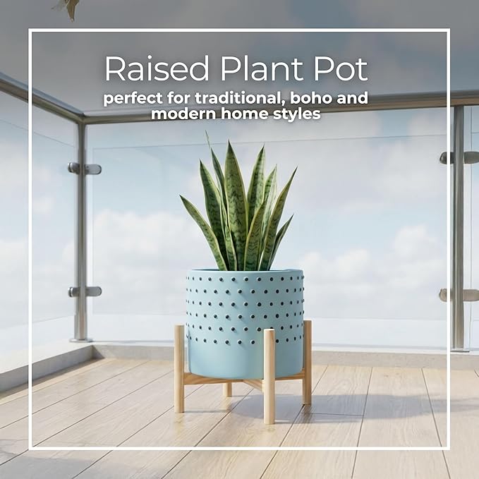 Sagebrook Home Stylish Ceramic Planter with Stand - Modern Stoneware Indoor/Outdoor Plant Pot - Decorative Garden Accent for Home & Patio - 11" Blue