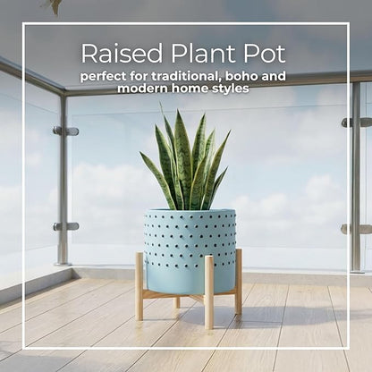 Sagebrook Home Stylish Ceramic Planter with Stand - Modern Stoneware Indoor/Outdoor Plant Pot - Decorative Garden Accent for Home & Patio - 11" Blue