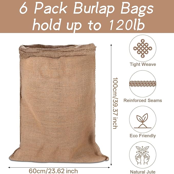 Kmise Premium Tightly Woven Burlap Potato Sack Race Bags (Pack of 6)，39"x25" Natural Jute Burlap Sacks for Kids & Adults, Reusable Eco-Friendly Grow Bag for Field Day Games & Harvest Storage