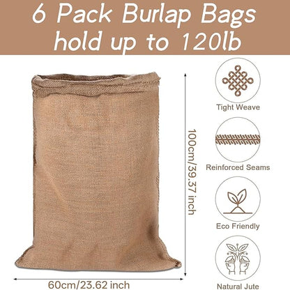 Kmise Premium Tightly Woven Burlap Potato Sack Race Bags (Pack of 6)，39"x25" Natural Jute Burlap Sacks for Kids & Adults, Reusable Eco-Friendly Grow Bag for Field Day Games & Harvest Storage