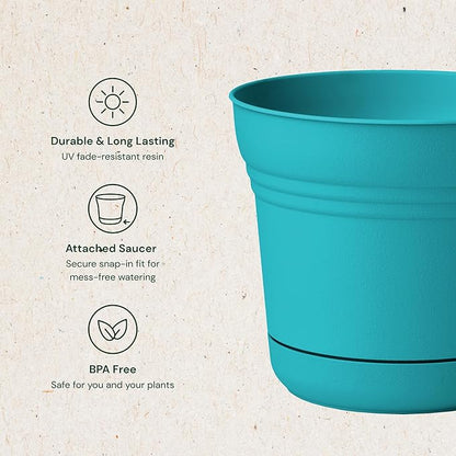 Bloem Saturn Round Planter with Saucer Tray: 14" - Bermuda Teal - Durable Plastic Pot, Matte Finish, Removable Saucer, for Indoor & Outdoor Use, Gardening, 5 Gallon Capacity