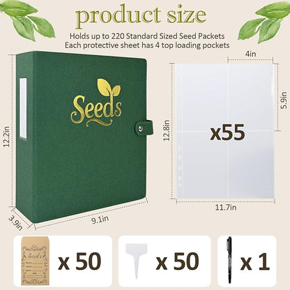 Seed Storage Organizer Binder,Seed Packet Organizer with Hang Tab Bag,55 Pack Sheet Sleeves That Can Store 220 Seed Envelopes -50 Seed Saving Envelopes-50 Plant Labels-1 Double Side Pen，11.65×13.8in