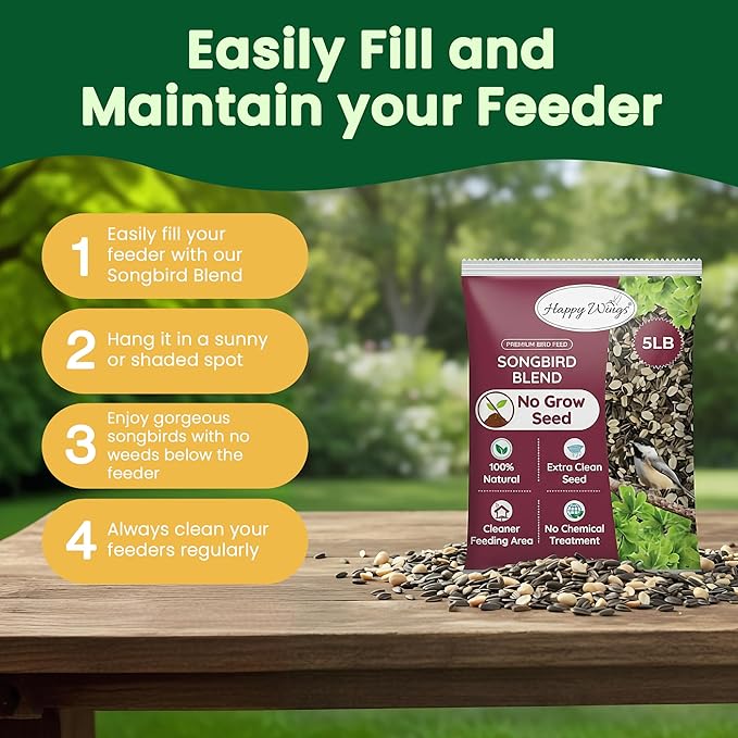 Happy Wings No Grow Bird Seed Mix Pack of 2 (5lb x 2 = 10lb) - Songbird Bird Seed with Sunflower, Safflower & Peanuts - No Mess Birdseed for Outside Feeders - Suitable Birdseed for Wild Birds