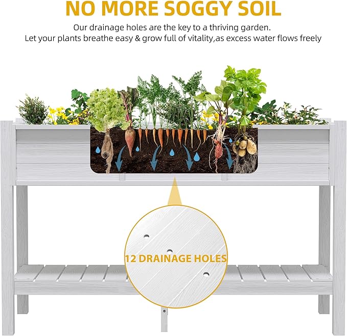 DWVO 48x18x30in Raised Garden Bed HDPE, Poly Wood Planter Box Stand,Weather-Resistant Planter Box with Legs & Storage Shelf, Elevated Garden Bed for Backyard, Patio, Balcony, White