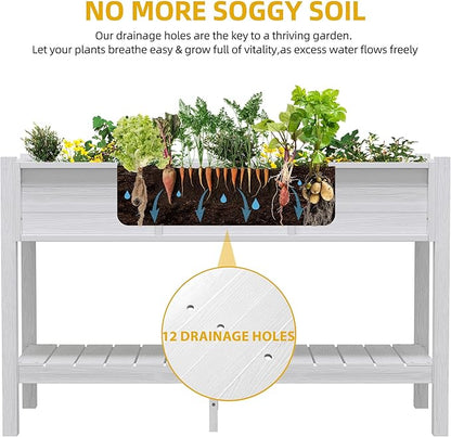 DWVO 48x18x30in Raised Garden Bed HDPE, Poly Wood Planter Box Stand,Weather-Resistant Planter Box with Legs & Storage Shelf, Elevated Garden Bed for Backyard, Patio, Balcony, White