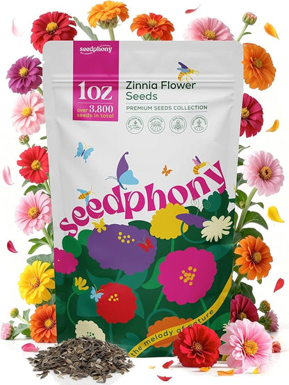 Zinnia Seeds Pack 1 oz - 3,800 Non-GMO Heirloom Zinnia Seeds for Planting, Perennial Flowers in Waterproof Seed Packet, Wildflower Seeds for Planting Garden Indoor & Outdoor Gardening