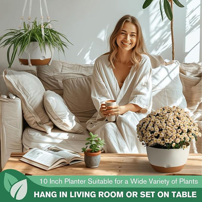 Set of 2-10 Inch Hanging Planters for Indoor Plants with Self-Watering Includes Hanging Pots for Plants, Outdoor Hanging Plant Pot with Drainage, and 2 Types of Hanging Baskets Hangers (White, 10inch)