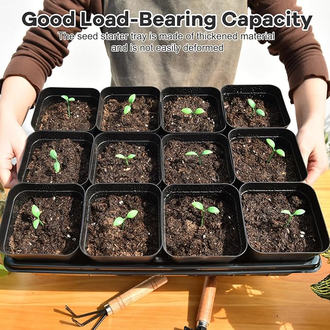 June Fox 4 Inch Nursery Pots for Plants, 5 Pcs Seed Starter Tray Kit, 60 Pcs Plastic Seedling Pots with Drain Holes, 60 Plant Labels (Black)