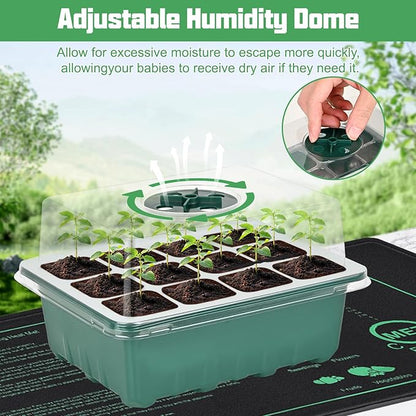 Sckee 6 Pack Seed Starter Tray with 10"x20.75" Seedling Heat Mat, Seed Starter Kit with Humidity Dome, Seed Starting Trays Plant Starter Kit and Base, Kit for Seeds Growing Starting