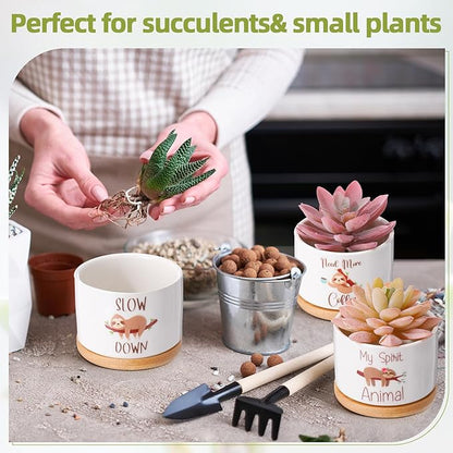 Vesici 3 Pcs Sloth Gifts for Women Sloth Planter Succulent Pots with Drainage and Bamboo Tray Small Ceramic Succulent Planters Animal Plant Pot for Christmas Office Home Decor Plant Lovers