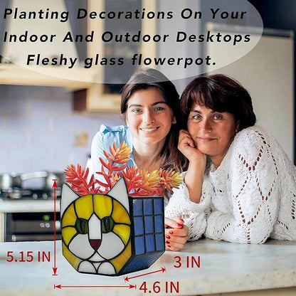 Stained Glass Cat Planter Pot with Drainage and Tray, Perfect for Succulents and Indoor Plants, Ideal Plant Gifts for Women and Orange Cat Lovers 4.6x5.15x3 in （Excluding Plants）
