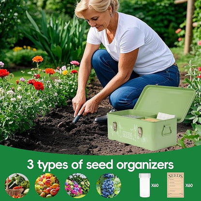 60 Slots Seed Organizer Storage Box with 3 Compartments,Large Metal Garden Seed Organizer with Lid&Safety Locks,Seed Saver Bin 50 Plant Labels 60 Seed Envelopes,Professional All-In-One Seed Saving Kit