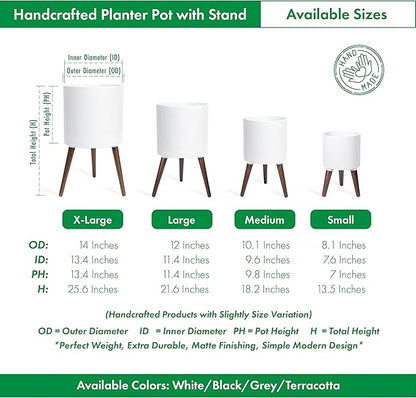 D'vine Dev 14 Inch Planter Pot with Stand, Mid-Century Tall Plant Pot with Legs for Indoor Plants, X-Large, White, 88-O-D-1