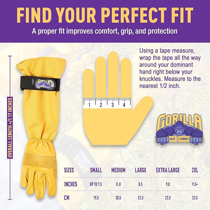 GORILLA EASY CONNECT Gardening Gloves Lightweight Tough Heavy Duty Long Sleeve Leather Pruning Gloves with Adjustable Strap