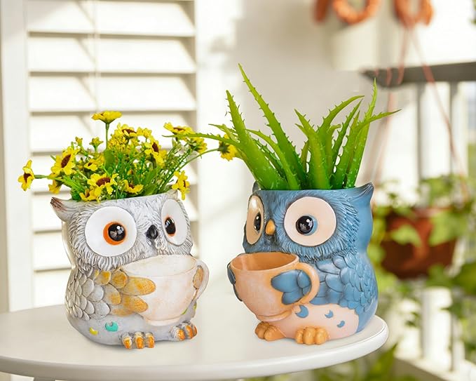 Unique Owl Plant Pots Indoor, Cute Small Succulent Pots with Drainage Hole, Watering Owl Planters for Indoor Outdoor Plants, Resin Flower Pot for String of Pearls, Gift Ideas for Mother