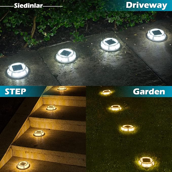 SIEDiNLAR Solar Deck Lights Outdoor 2 Modes 16 LEDs Dock Light Driveway Markers Solar Powered Waterproof for Ground Pathway Step Walkway Stair Road Garden Yard 16 Pack (Cool White/Warm White)