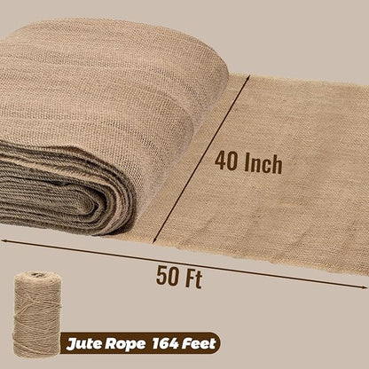 40'' x 50 Feet Burlap Fabric Roll 16.6 Yard, Natural Jute Fabric for Winter Tree Wrap Plant Covers Freeze Protection with 164 Feet Jute Rope, DIY Rustic Wedding Garden Outdooor Christmas Decoration