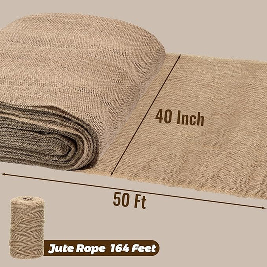 40'' x 50 Feet Burlap Fabric Roll 16.6 Yard, Natural Jute Fabric for Winter Tree Wrap Plant Covers Freeze Protection with 164 Feet Jute Rope, DIY Rustic Wedding Garden Outdooor Christmas Decoration