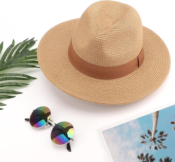 DRESHOW Women Straw Panama Hat Travel Fedora Beach Sun Hat Summer Wide Brim Straw Roll up Hat UPF 50+