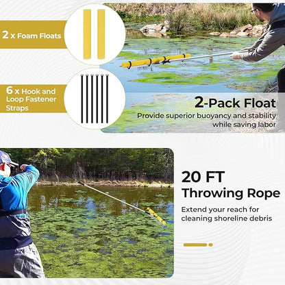 Goplus Floating Weed Lake Rake, 36" Aluminum Multifunctional Detachable Landscape Rake with Extension Handle, 20 FT Rope and Float, Weed & Algae Removal of Leaves, Floating Scum, Aquatic