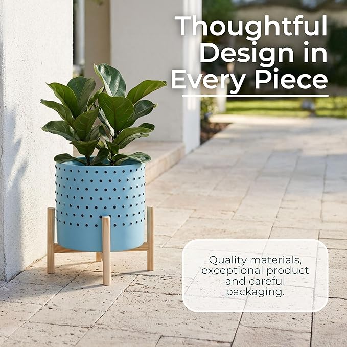 Sagebrook Home Stylish Ceramic Planter with Stand - Modern Stoneware Indoor/Outdoor Plant Pot - Decorative Garden Accent for Home & Patio - 11" Blue
