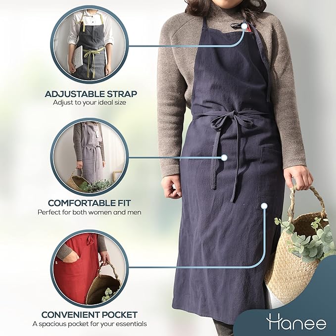 HANEE Kitchen Apron for Women & Men (9 Colors) Linen Cooking Aprons with pocket