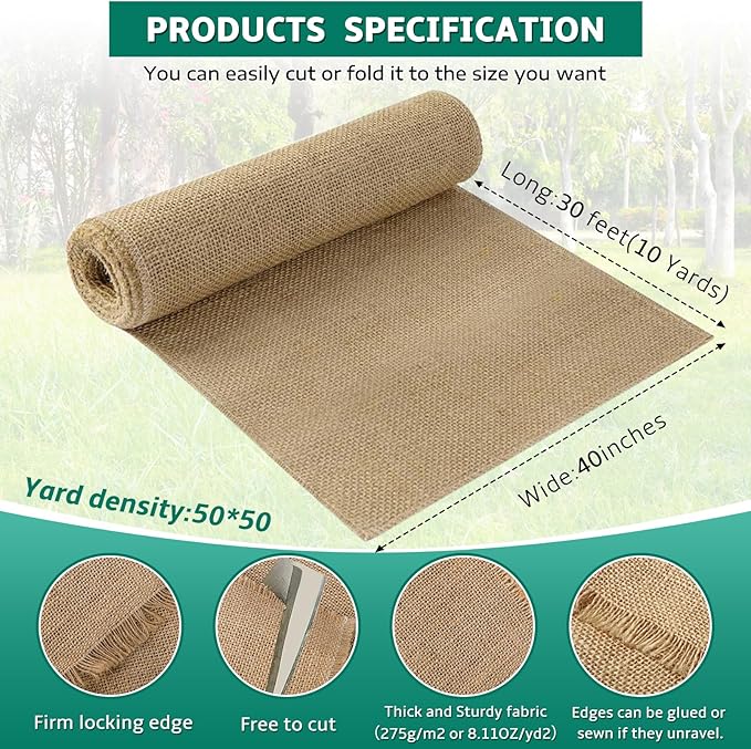 50x50 High Density Natural Burlap Plant Covers Freeze Protection, 40 in x 30 ft Heavy Duty Jute Tree Wrap for Outdoor Winter Shrub Shield & Garden Plant Care