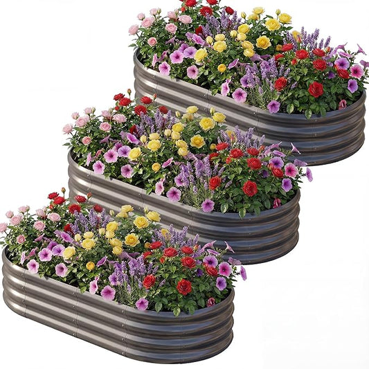 AHEONLAR 3 Pack 6×3×1ft Galvanized Raised Garden Beds, Oval Durable Planter Boxes Outdoor for Vegetables, Fruits, Flowers and Plants, Quick Assembly, Grey