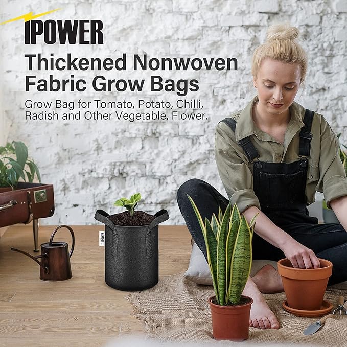 iPower 10-Pack 15 Gallon Plant Bags Heavy Duty Thickened Nonwoven Fabric Potato Growing Pot, Aeration Durable Container with Reinforced Strap Handles, for Gardening & Planting Vegetable