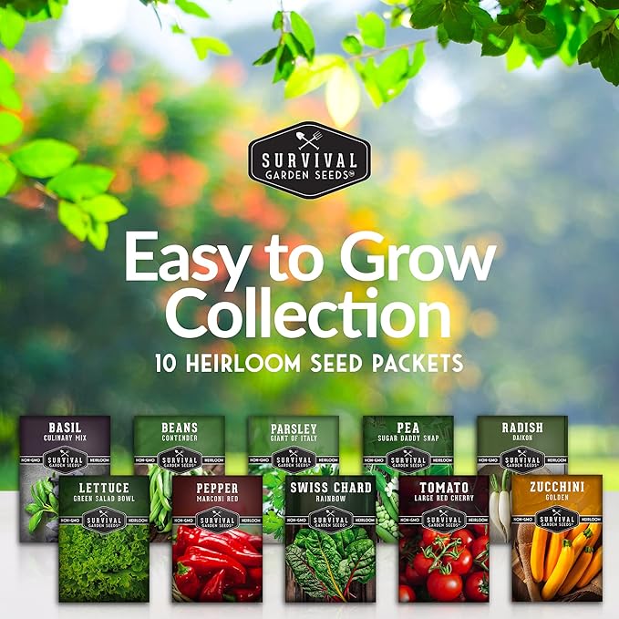 Easy to Grow Vegetable & Herb Seed Collection - 10 Packs of Non-GMO Heirloom Open-Pollinated Veg & Herb Essentials for Gardening Beginners - Seed Saver Instructions on Packets - Survival Garden Seeds