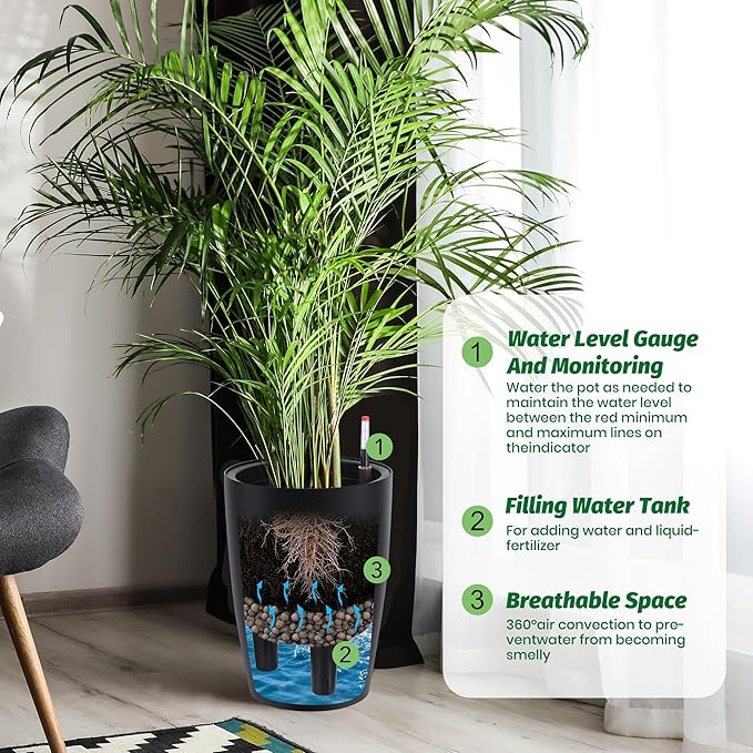 GarveeLife Set of 2 Tall Planters for Outdoor Plants, 16in Large Planters for Outdoor Indoor Plants with Water Level Monitor ＆ Inner Bucket, Automatic Watering, for Porch, Patio, Backyard（Black,Large）