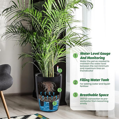 GarveeLife Set of 2 Tall Planters for Outdoor Plants, 16in Large Planters for Outdoor Indoor Plants with Water Level Monitor ＆ Inner Bucket, Automatic Watering, for Porch, Patio, Backyard（Black,Large）
