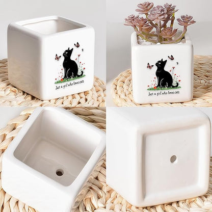 Black Cat Succulent Planter Flower Plant Pot Small, Gifts for Women Teens Girls Kids, Cat Lovers Themed Stuff Accessories Things Decor Merch, Home Office Table Desk Decoration!