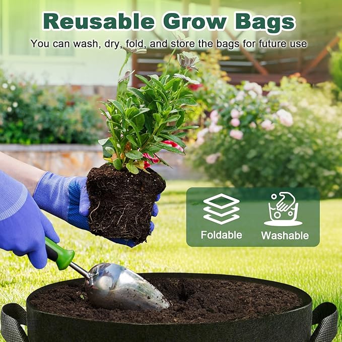 5 Pack 3 Gallon Fabric Grow Bags, Heavy Duty 300G Thickened Aeration Nonwoven Fabric Garden Pots with Handles, Planting Bag for Tomato, Potato, Strawberry, Vegetable, Fruits and Flowers