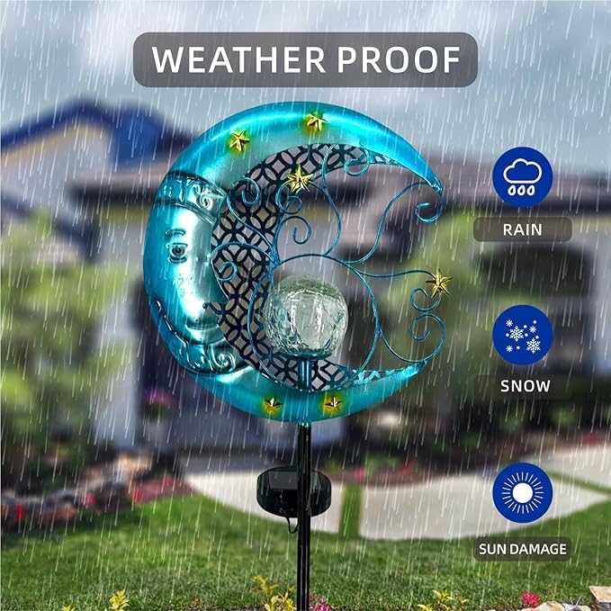 Solar Garden Lights Outdoor Waterproof Pathway Lights Moon Lantern with Crackle Glass Glass Globe Led Warm Light for Walkway,Backyard,Patio,Lawn,Pathway Decoration（Blue）