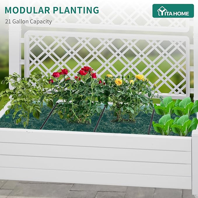 YITAHOME 3.6x1.5x5 FT Planter Box Trellis with Wheels, Large Outdoor Plastic Raised Garden Bed with Drain Plug for Climbing Plants, Grayish-White