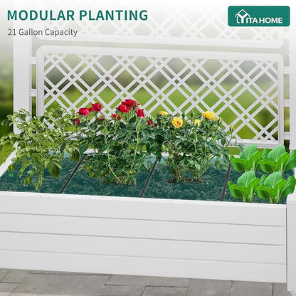 YITAHOME 3.6x1.5x5 FT Planter Box Trellis with Wheels, Large Outdoor Plastic Raised Garden Bed with Drain Plug for Climbing Plants, Grayish-White