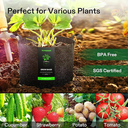 VIVOSUN 5-Pack 7 Gallon Plant Grow Bags, Heavy Duty Thickened Nonwoven Fabric Pots with Handles