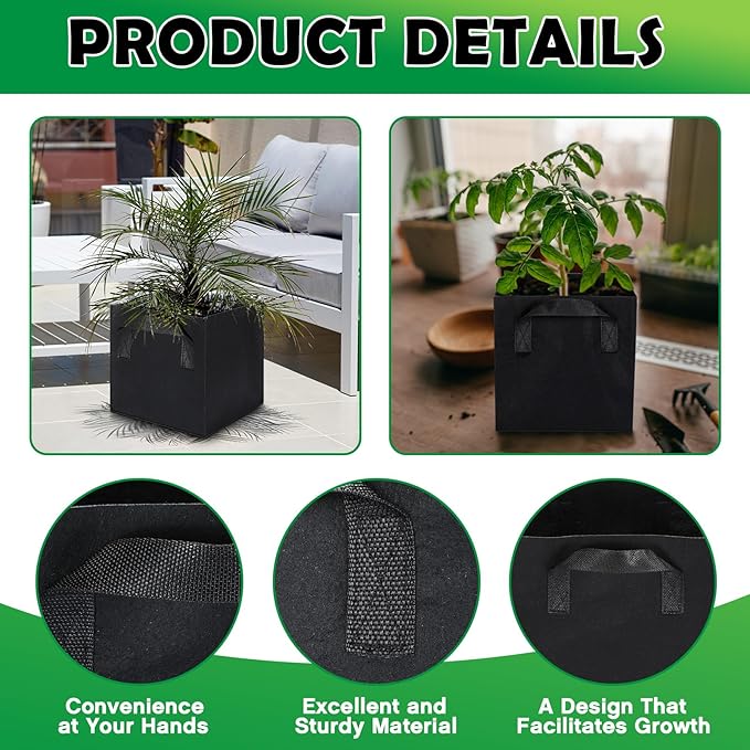 Nuogo 15 Pack 3 Gallon Square Grow Bags Thick Fabric Pots with Handles Black Plant Grow Bags for Indoor and Outdoor Garden