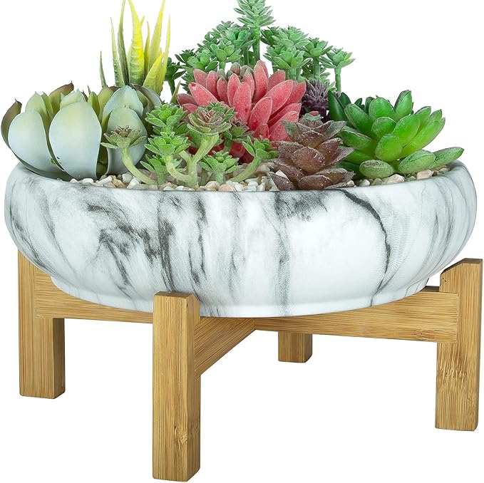 ARTKETTY Succulent Pot, Large Succulent Planters with Stand, 10 Inch Ceramic Bonsai Pots with Drainage Round Marble Cactus Flower Plant Bowl for Indoor/Outdoor