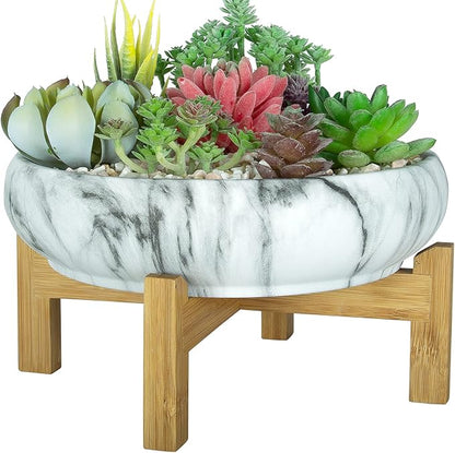 ARTKETTY Succulent Pot, Large Succulent Planters with Stand, 10 Inch Ceramic Bonsai Pots with Drainage Round Marble Cactus Flower Plant Bowl for Indoor/Outdoor