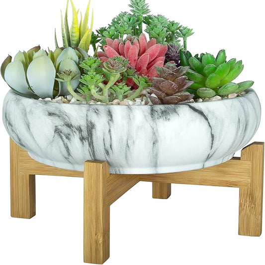 ARTKETTY Succulent Pot, Large Succulent Planters with Stand, 10 Inch Ceramic Bonsai Pots with Drainage Round Marble Cactus Flower Plant Bowl for Indoor/Outdoor