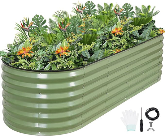 G GOOD GAIN Raised Garden Beds - 6x2x1.4ft Galvanized Planter Boxes Kit with Protective Tape & Gloves & Tools | Oval Metal Outdoor Raised Bed for Gardening Vegetables, Fruits, Flowers, Herbs, Oliver