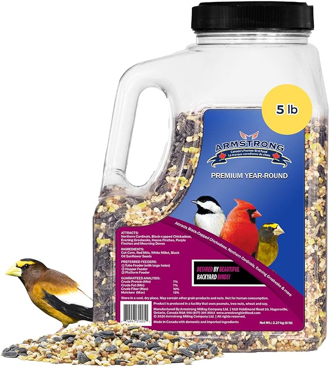 Armstrong Wild Bird Food Premium Year-Round Blend, 5 Pound Jug - with Cut Corn, Red Milo, White Millet & Black Oil Sunflower Seeds - Easy to Carry, Pour & Store