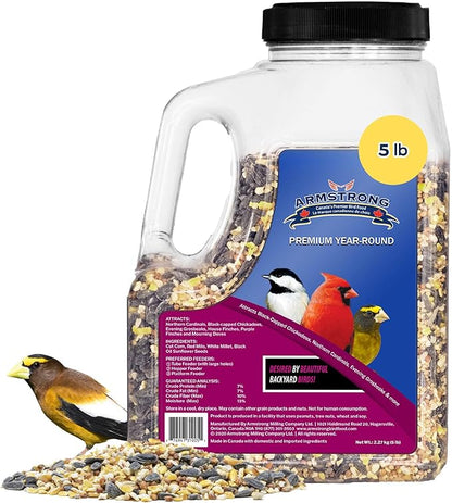 Armstrong Wild Bird Food Premium Year-Round Blend, 5 Pound Jug - with Cut Corn, Red Milo, White Millet & Black Oil Sunflower Seeds - Easy to Carry, Pour & Store