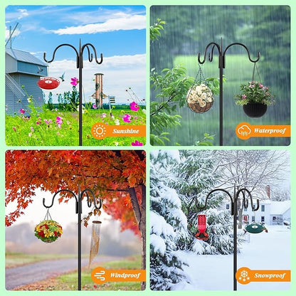 FEED GARDEN 92" Squirrel-Proof Bird Feeder Pole - Heavy-Duty Shepherd's Hook with 3 Hooks, 5-Prong Base & 19" Baffle for Outdoor Feeders & Plants