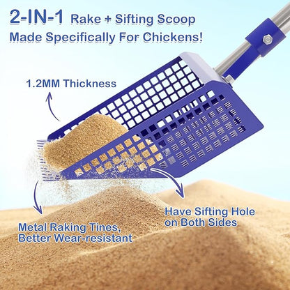 Chiken Coop Scoop 2-in-1 Chicken Poop Scooper & Rake Sand Sifting Litter Shovel for Chicken Coops Animal Farms Pet Waster Cleaning Tools Multifunctional Litter Sifting Shovel (35 to 65")