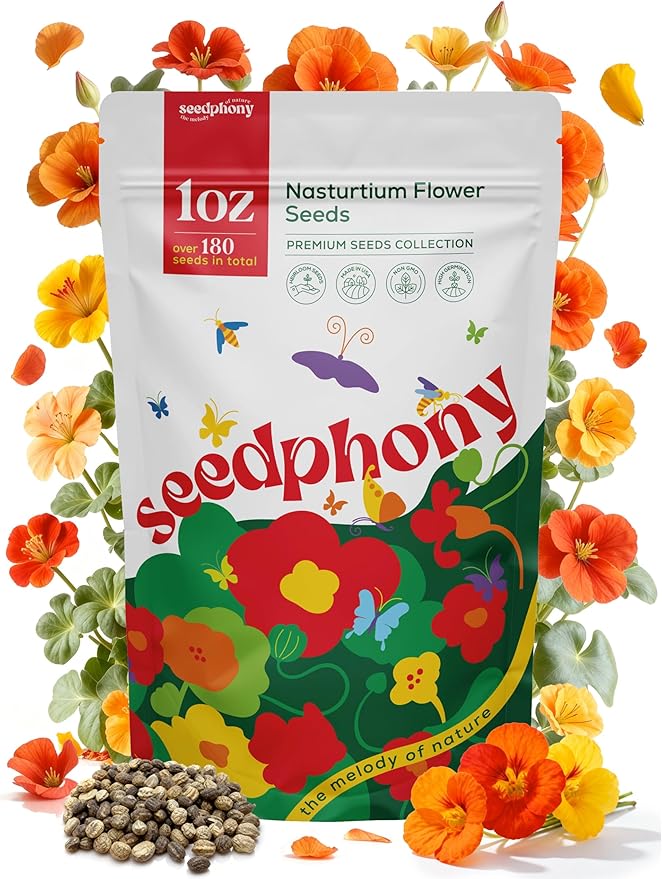 Nasturtium Seeds Pack 1 oz - 180 Non-GMO Heirloom Nasturtium Seeds for Planting, Perennial Flowers in Waterproof Seed Packet, Wildflower Seeds for Planting Garden Indoor & Outdoor Gardening
