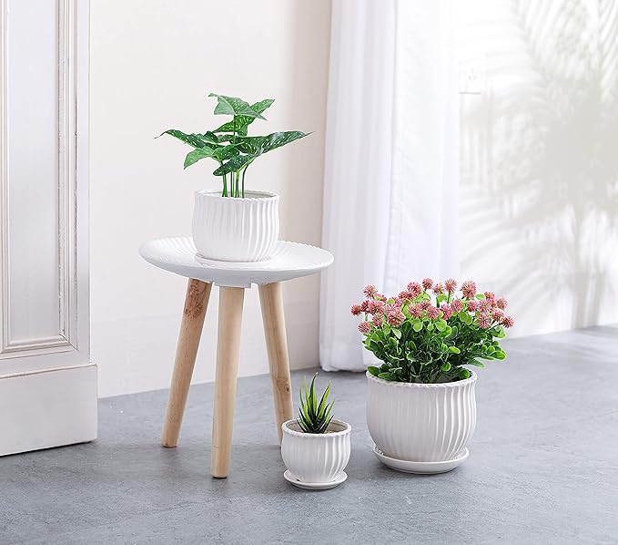 Ceramic Flower Plant Pots with Saucers, Modern Round Ceramic Succulent Planter Pots with White Stripe Texture, Small to Medium Sized, Set of 3